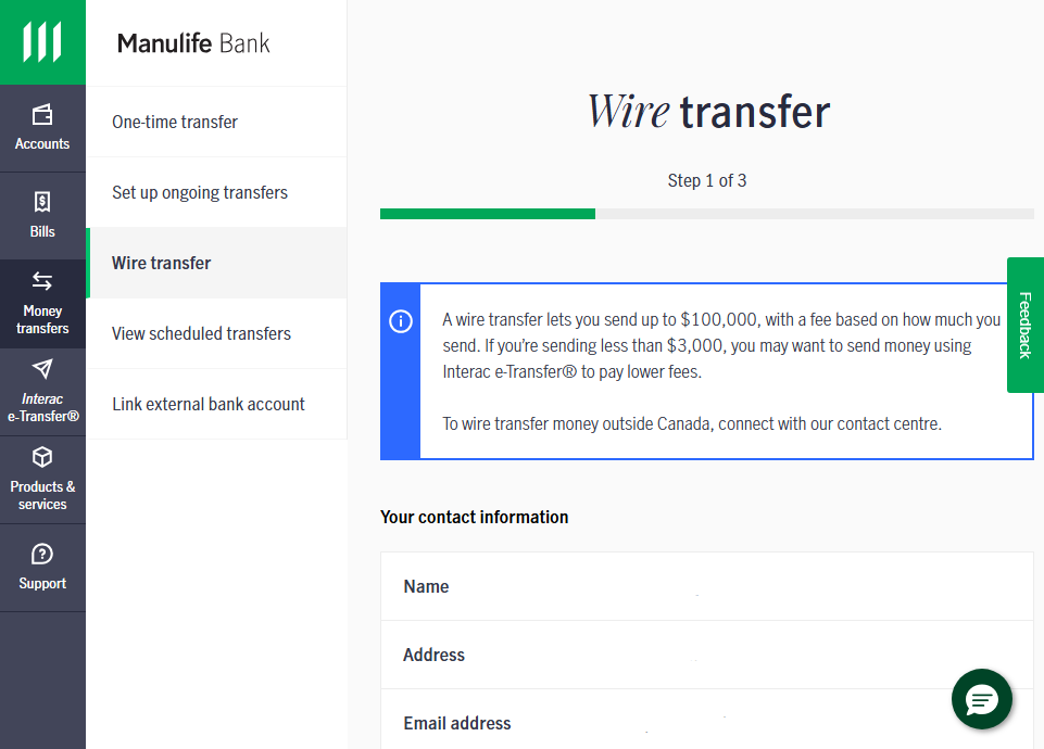 Screenshot of Manulife Bank Wire Transfer page: Step 1 of 3