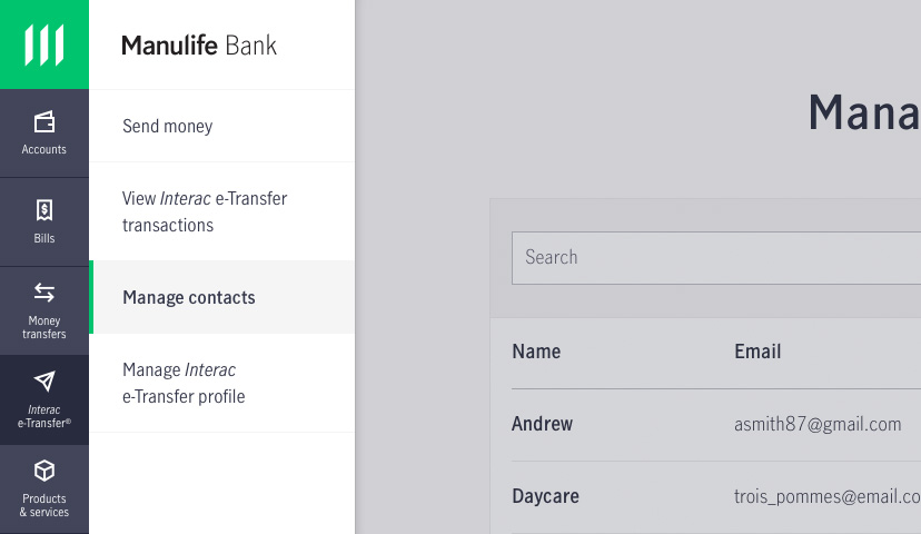 Screenshot showing how to add an Interac e-transfer contact in online banking.
