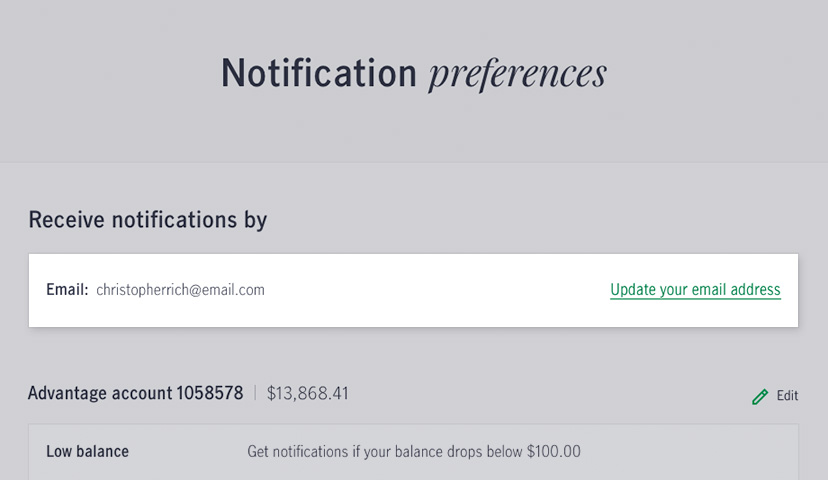 Screenshot of the notification preferences page showing the email address to which alerts will be sent, and the “Update your email address” link a customer may use to change that email address.