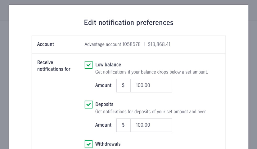 Screenshot of the notification preferences page showing check boxes a customer may use to select which alerts they wish to receive for their account.