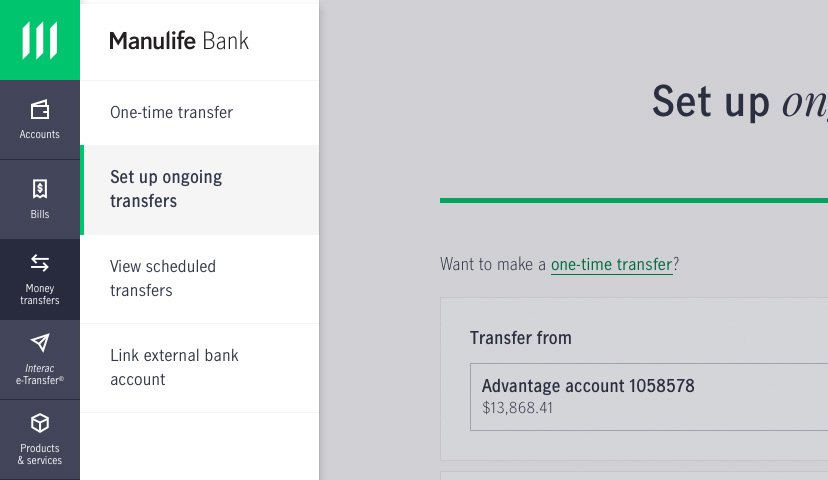 Screenshot showing how to set up an ongoing money transfer in online banking.