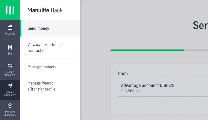 Screenshot showing how to send an Interac e-Transfer in online banking.